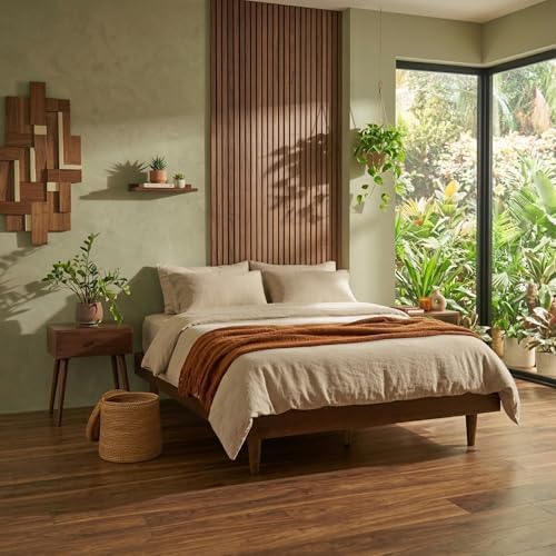 Fly Wooden Bed Frame Without Headboard, Crafted from Walnut, Rubber Wood with Silent Slats and Wood Central Supports, 1000 Lb Capacity, Effortless Assembly, Queen - Dark Walnut