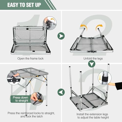REDCAMP 24" Square Folding Grill Table for Outside, Lightweight Portable Metal Aluminum Outdoor Grill Table with Adjustable Height Legs, Great for Camping Picnic Cooking BBQ, Silver 2ft