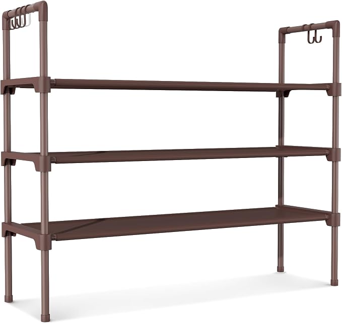 LANTEFUL 3 Tier Shoe Rack for Closet Shoe Organizer with 5 Hooks, Long Shoe Shelf Storage for Shoe and Boot Stackable Free Standing Shoe Rack for Entryway, Garage, Small Spaces, Dorm, Brown
