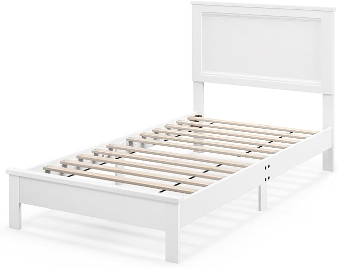 Giantex Wood Twin Bed Frames with Headboard, Mid Century Platform Bed Frame with Solid Wood Legs & Wooden Slat Support, Twin Bed Frames for Kids Adults, White Bed