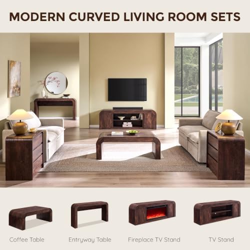 48" Modern Curved Coffee Table, Wood Minimalist Center Table, Brown