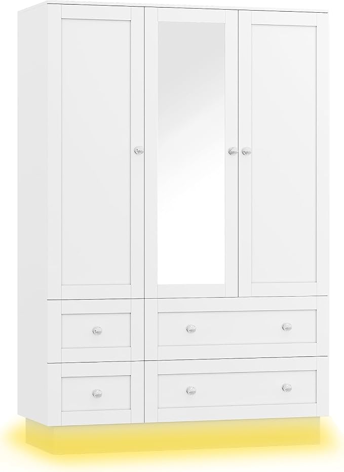 VOWNER Wardrobe Closet with 3 Doors Bedroom Armoire with Mirror & 4 Drawers | Large Capacity Storage Closet with LED Light and Hanging Rod for Bedroom, White 47" L
