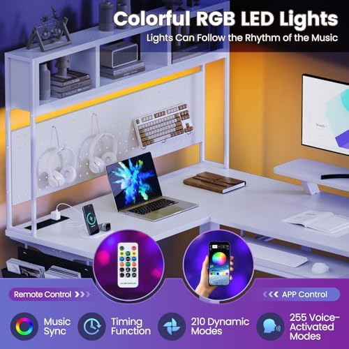 Flycity Electric L Shaped Standing Desk Adjustable Height, 67" x 47" Corner Computer Desk with Host Shelf, Gaming Desk with LED Lights & Power Outlet, Dual Motor Home Office Desk with Storage, White