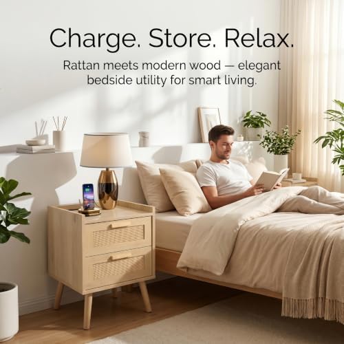 Finnhomy Nightstand with Charging Station, Bedside Table with 2 Hand Made Rattan Decorated Drawers, Night Stand with Storage for Bedroom, Natural, Set of 2