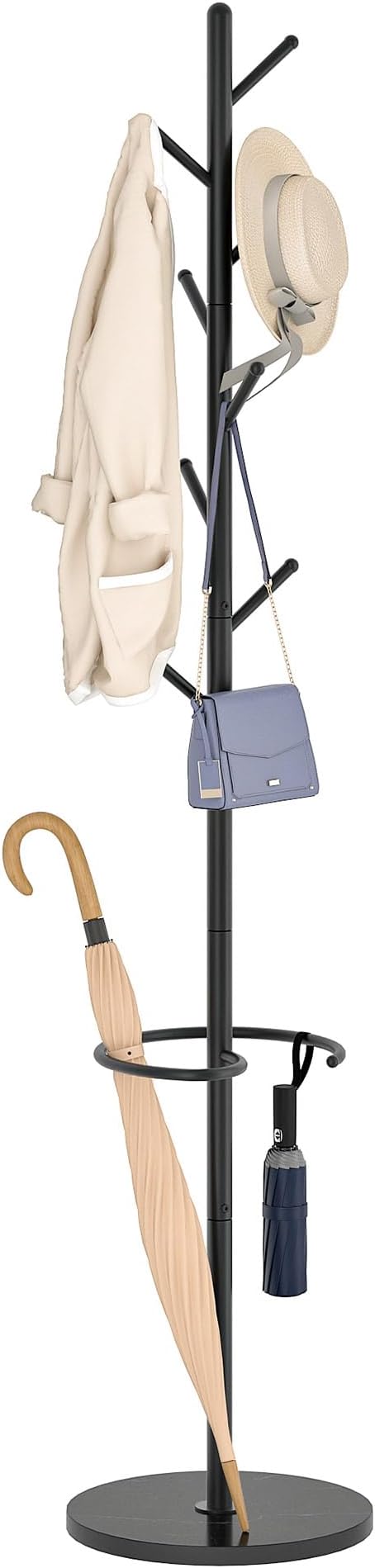 CHOEZON Coat Rack Freestanding, Coat Rack with Umbrella Holder, Coat Hanger Stand with 8 Hooks, Coat Tree with Marble Base, 3 Adjustable Size, for Entryway, Living Room, Bedroom Marble Black TYM09BD