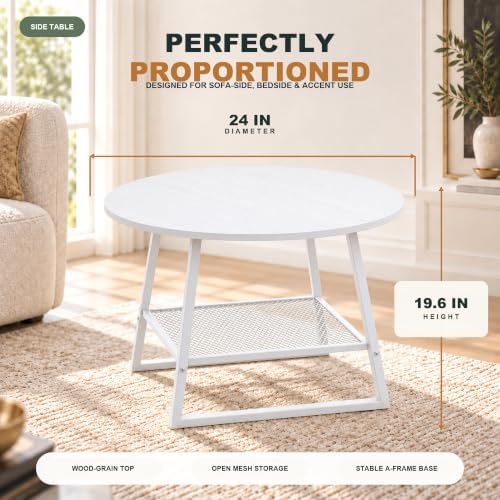 Lightdot 2‑Tier Round Side Table 24In White End Table with Metal Mesh Shelf