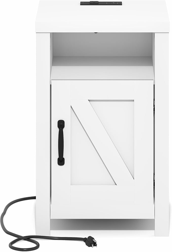 Furinno Farmhouse Night Stand with Charging Station, Bedside Table, Side Table, End Table with Door, USB Ports and Outlets, for Bedroom, Closet, Dorm, Plain White