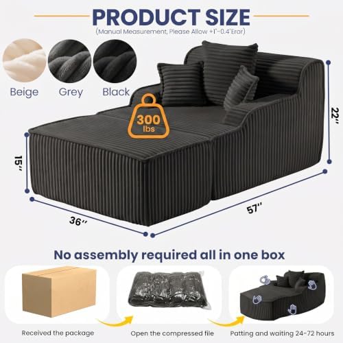 Oversized Chaise Lounge Chair Indoor, Corduroy Boneless Couch Sofa Bed, Cloud Lounge Chair Reading Chair With Pillow&Removed Ottoman, Deep Seat Sleeper Chair Bed For Living Room,Bedroom(Black)