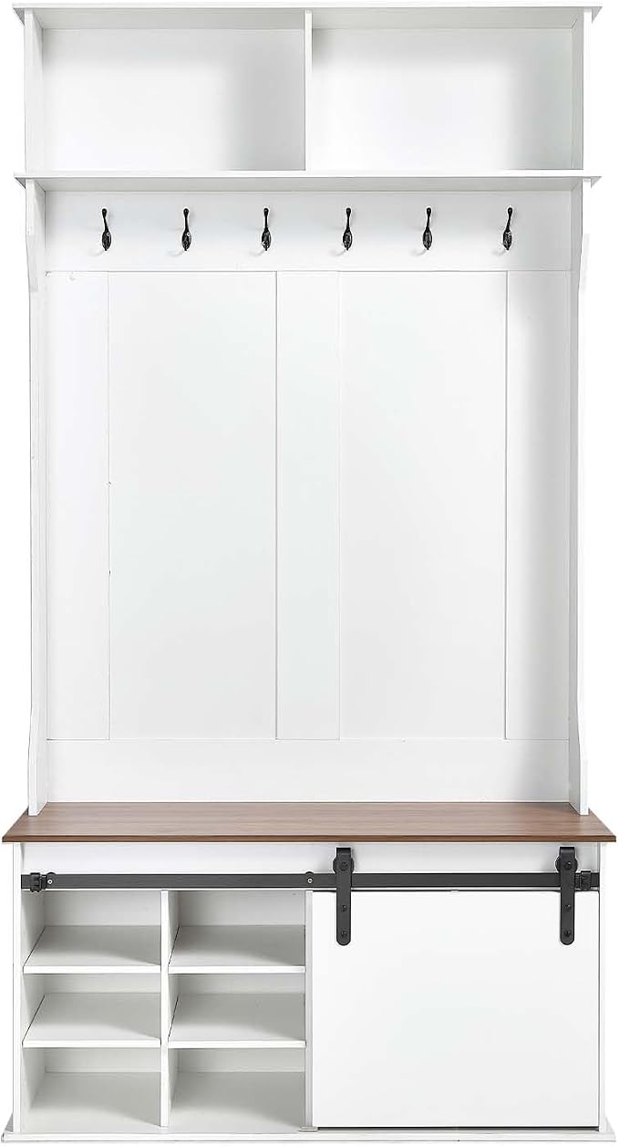 VEVOR Hall Tree with Bench and Shoe Storage, 42" Wide, Entryway Hall Tree with Bench, Hanging Hooks, Storage Shelves, Adjustable Shoe Shelves, Wooden Furniture for Mudroom, Entryway, Hallway, White