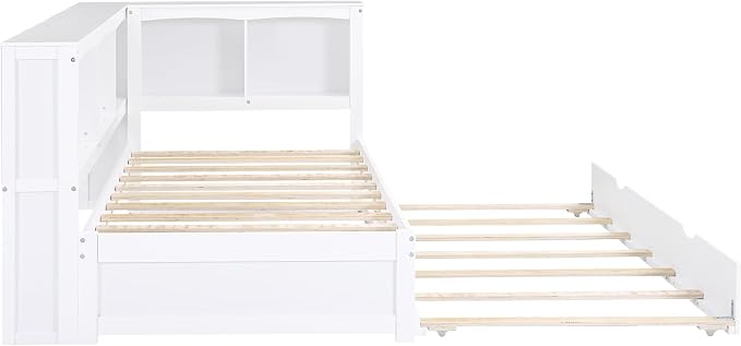 Bellemave Twin Corner Bed Frame with Trundle and USB Ports, Wood Twin Daybed with L-Shaped Bookcase,Daybed with Storage Cabinets, White
