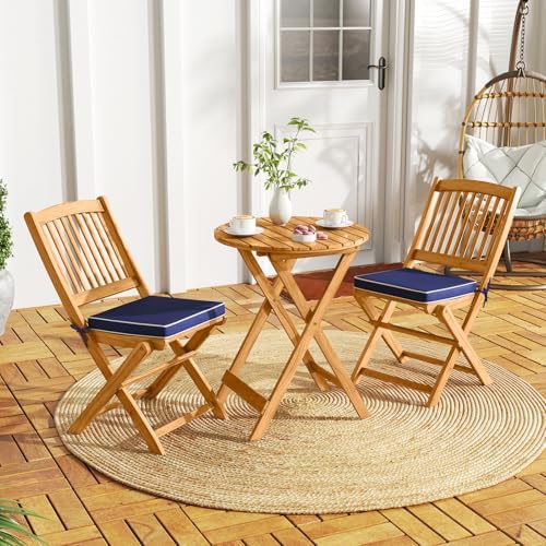 Tangkula 3 Pieces Acacia Wood Patio Folding Bistro Set, Outdoor Table and Chairs Set with Soft Cushions, Patio Furniture Set for Porch, Balcony, Garden, Deck and Backyard