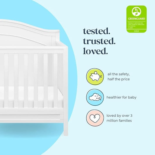 Davinci Charlie 4-in-1 Convertible Baby Crib w/Mattress - White | GREENGUARD Gold Certified, Low-Profile Crib Convertible to Toddler Bed, Daybed, Full Bed - Conversion Kit Sold Separately