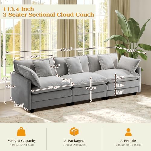 Hanherry Modular Sectional Sofa,Cloud Couch for Living Room,Modern Deep Seat Sofa Chenille Fabric Comfy Couches with Throw Pillows & Movable Ottoman for Apartment