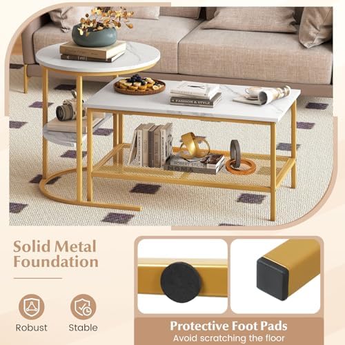 GOFLAME Nesting Coffee Table Set of 2, 2 PCS Nesting Tables with Faux Marble Top and Extra Storage Shelf, Modern Round End Table & Rectangular Coffee Tables for Living Room, Bedroom, Gold+White