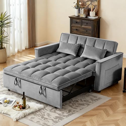 54'' Sleeper Sofa Bed, Convertible Pull Out Couch Futon with Side Pockets, Velvet Loveseat Sofa Bed with Adjustable Backrest, Armrest Pillows for Living Room Dorm Apartment, Dark Gray