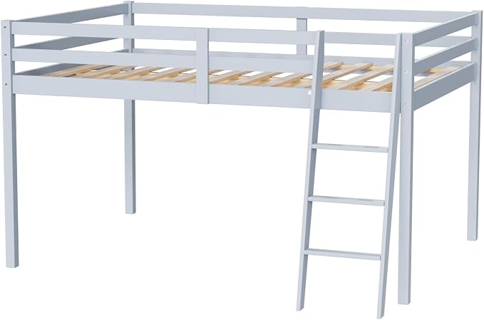 VINGLI Junior Low Loft Bed with Inclined Stairs,Gray Wood Loft Bed Full Size for Adults, Kids and Young Teens, No Box Spring Required,Wood Slat Support