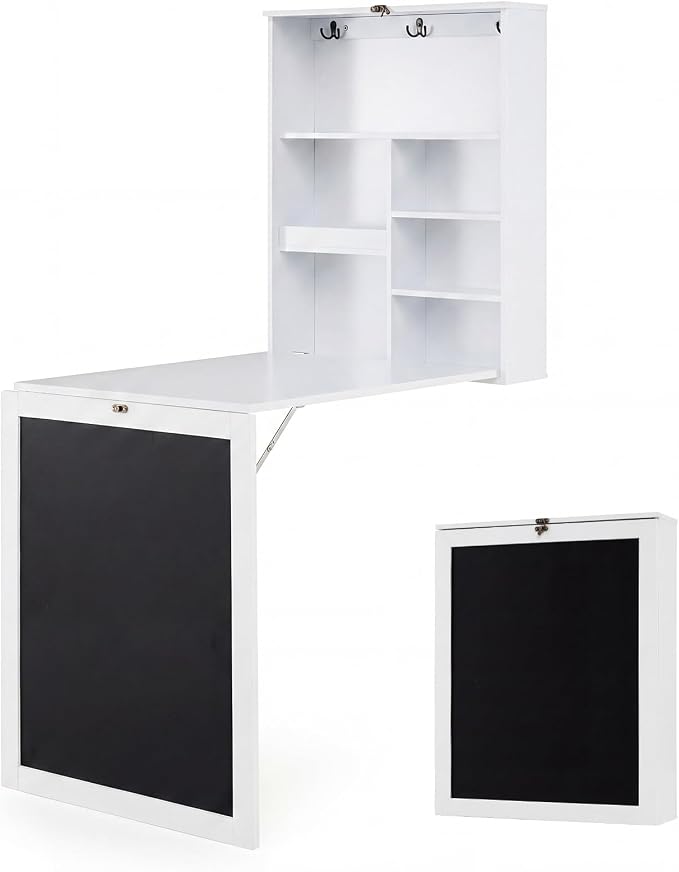 Tangkula Foldable Wall-Mounted Desk, Floating Desk with Chalkboard, Storage Shelves & Hooks, Space-Saving Murphy Table for Home Office, Bedroom, Dorm Room, Small Spaces