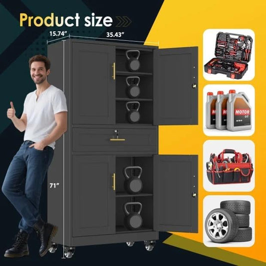 PAOFIN Metal Tall Storage Cabinet with Drawer, Garage Storage Cabinet with Locking Doors and 3 Adjustable Shelves, 71" H Steel Cabinets for Garage, Home, Office, Black, Assembly Required
