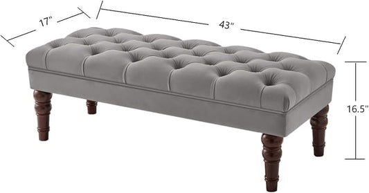 24KF Velvet Upholstered Buttons Tufted Entryway Bench with Solid Wood Leg,Bed Bench Ottoman with Padded Seat,5061N-Gray