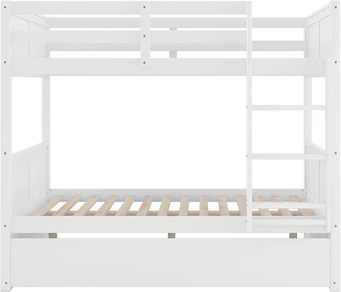 Merax Trundle Bunk Bed, Full Over Full Wood Bunk Bed with Twin Size Trundle, Guardrail and Ladder, Can be Separated into 2 Beds, White