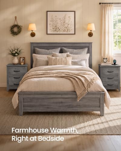 VASAGLE Farmhouse Nightstands Set of 2, with Charging Station, 3 Drawers