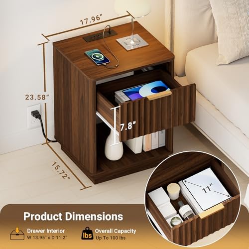 Fluted Nightstand with Charging Station, 18" W Night Stand with Metal Handle and Rounded Edge, FSC-Certified Wood, Mid Century Modern End Table w/Storage, Bedside Table for Bedroom, Walnut