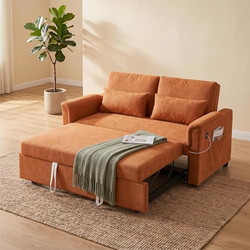 Sofa Bed, Pull Out Couch with Side Pockets, 3 in 1 Velvet Loveseat Sleeper Sofas Beds with USB Ports, Sofa Bed Couch with Adjustable Backrest for Living Room, Bedroom, Apartment, Orange