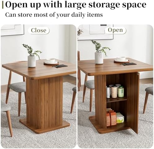 Small Square Dining Table for 2-4, 31.5 Inch Farmhouse Kitchen Table with 2-Tier Storage Shelf, Modern Wood Dinner Furniture with Fluted Doors, Dining Room, Living Room, Space Saving, Walnut