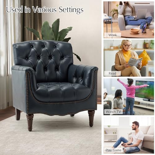HULALA HOME Mid Century Modern Genuine Leather Accent Chair, Navy