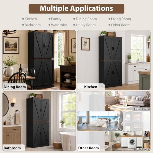 71" Tall Kitchen Pantry Cabinet, Farmhouse Tall Kitchen Storage Cabinet with Adjustable Shelves & 4 Barn Style Doors, Wooden Storage Cabinet for Kitchen, Dining Room, Living Room, Bathroom, Office