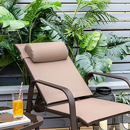 Tangkula Outdoor Bistro Set, 3 Pieces Patio Recliner Stackable Chairs with Adjustable & Folding Backrest, Removable Headrest and Tempered Glass Coffee Table Set, Patio Conversation Set (Brown)