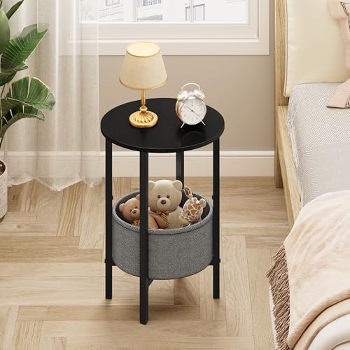 Round Side Table End Table with Storage Basket, Small Side Table Round Nightstand for Small Spaces, Tall Oval End Table with Steel Frame, Coffee Bedside Table for Living Room Bedroom, Black