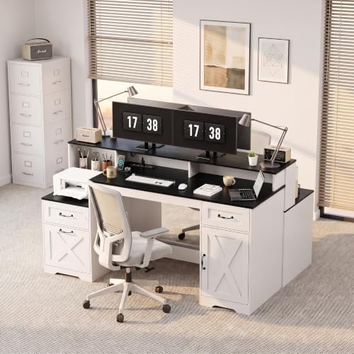 YOUDENOVA 63 Inch Farmhouse Computer Desk with Drawers & Power Outlets, Large Desk with Monitor Stand & Printer Shelf, Modern Office Desk Workstation with File Cabinet for Home Office, Black & White