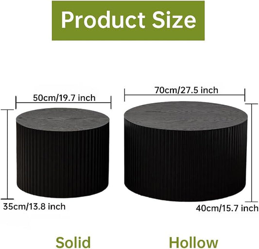 Round Nesting Coffee Table Modern Black Fluted Coffee Table Set of 2 Stripe Round Coffee Tables Circle Drum Coffee Tables Side Table Accent End Table for Living Room (Black Large)