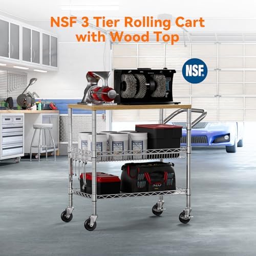 3 Tier Rolling Kitchen Carts on Wheels with Storage,650Lbs Heavy Duty Utility Carts with Wheels,Kitchen Island with Wood Tabletop,Metal Serving Rolling Cart for Small Appliance Food Cart,Wood+Metal