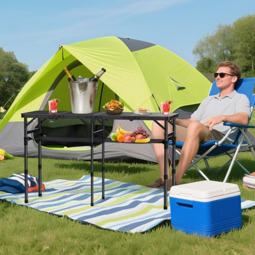 4-Fold Camping Table, 46” X 16” Portable Folding Camping Table, Black