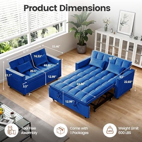 54'' Sleeper Sofa Bed, Convertible Pull Out Couch Futon with Side Pockets, Velvet Loveseat Sofa Bed with Adjustable Backrest, Armrest Pillows for Living Room Dorm Apartment, Blue