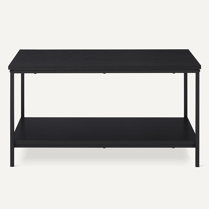 Amazon Basics Rectangular Coffee Table with Bottom Shelf, Living Room Centre Table, Easy to Assemble, 19.9" D x 31.5" W x 16.5" H, Black Woodgrain