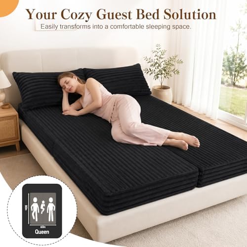 MeMoreCool Convertible Sofa Bed Queen, Corduroy Folding Couch Bed, Black