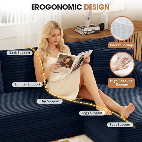 94.5" L-Shaped Minimalist Boneless Sofa for Living Room (Blue, Left)