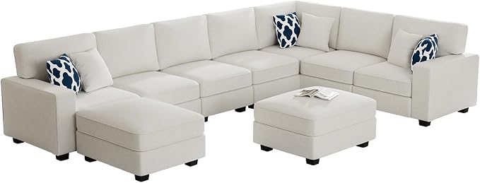 Legend Vansen Oversized Modular Sectional Sofa,U/L‑Shaped Reversible Couch with Ottoman,Deep Seat Plush Polyester Sofa for Living Room,9‑Seater,Cream
