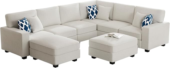 Legend Vansen Oversized Modular Sectional Sofa,U/L‑Shaped Reversible Couch with Ottoman,Deep Seat Plush Polyester Sofa for Living Room,8‑Seater,Cream