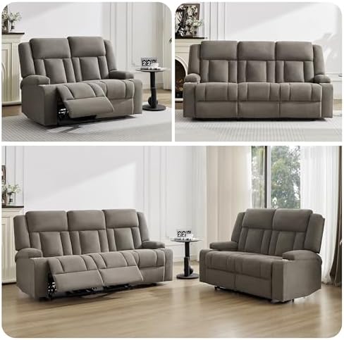 Recliner Sofa with Cup Holders, 4-Seater Fabric Reclining Couch, Manual Recliner Wall Hugger for Living Room, Home Theater (Light Brown)
