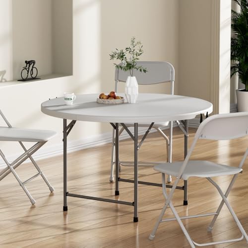 OS MOTOR 4ft Round Folding Table with Carry Handle, 48 Inch, White