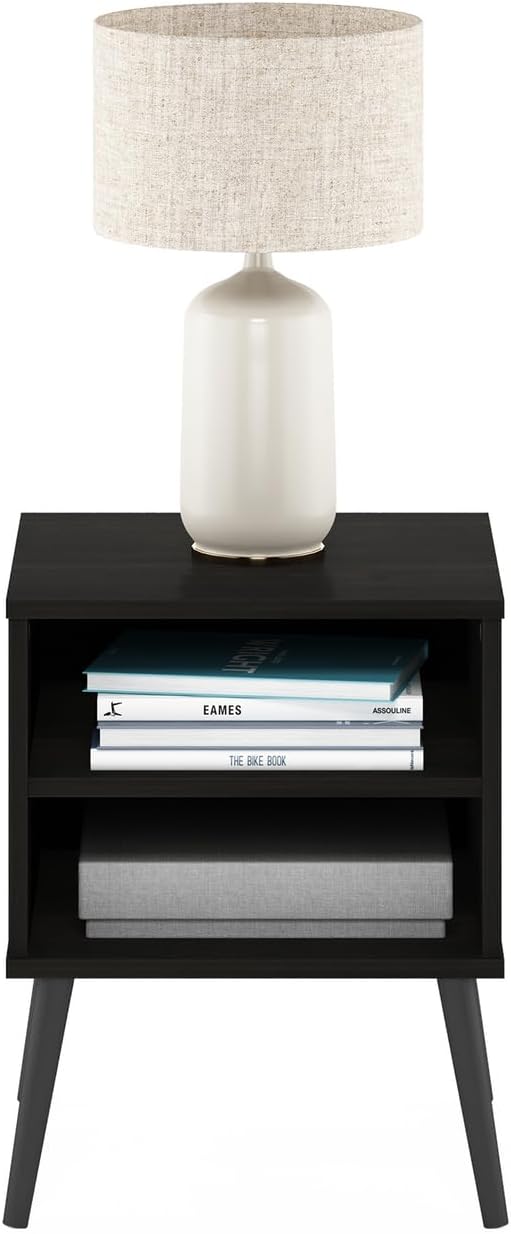 Furinno Claude Mid Century Style Nightstand with Wood Legs, 15.55 (D) x 15.55 (W) x 20.16 (H) inches, Espresso | Square Nightstand with Wooden Legs, Open Shelf Bedside Table, End Table, Side Table, for Bedroom, Closet, Dorm