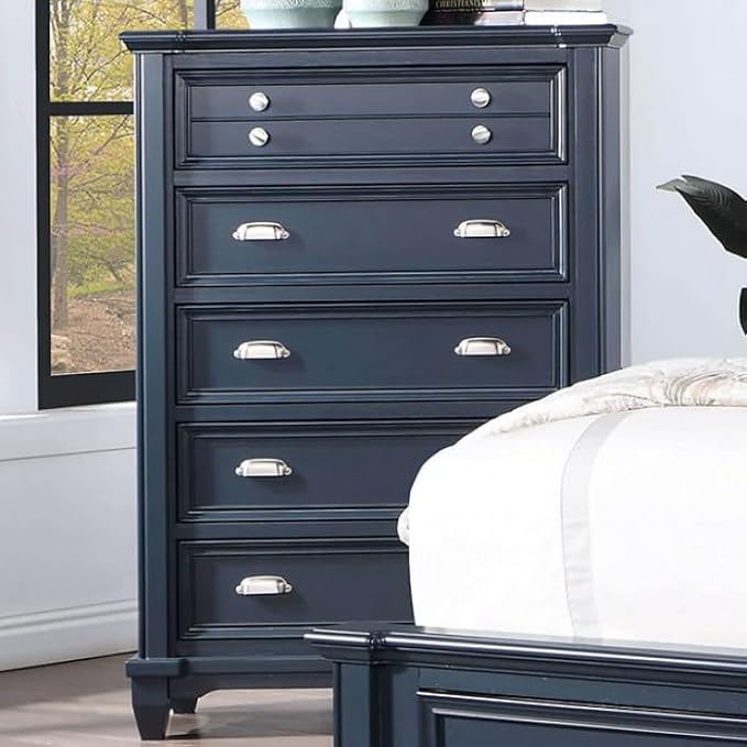 First of a Kind Queen Size Transitional Bedroom Furniture 5 Piece Set in Slate Blue - Panel Headboard Molding Footboard Storage Drawers Nickel Hardware, Bed, Dresser, Mirror, Nightstand & Chest