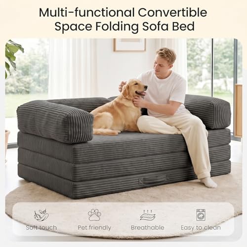 Futon Sofa Bed Queen, Convertible Tri Folding Mattress Couch Bed Foldable with Removable Armrests & Washable Cover, Floor Mattress with High-Density Foam, Small Couch Bed, Queen, Grey