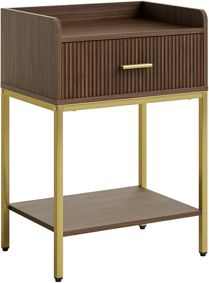 Nightstand, 3-Tier Bed Side Table, Small End Table, Night Stand with Open Shelf and Drawer, Bedside Table for Bedroom, Living Room, Walnut