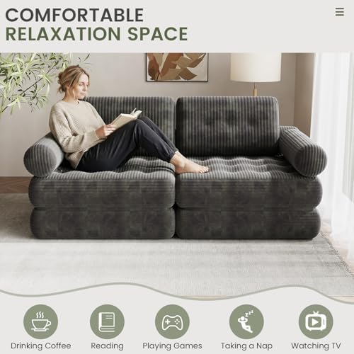 35" Folding Sofa Bed, 5-in-1 Convertible Sleeper Chair, Grey, Single