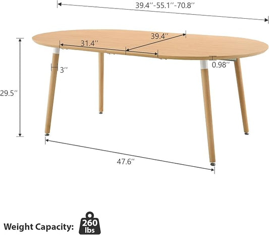 Extendable Round Dining Table for 4 6 Wooden Dining Room Table 39" to 70" Modern Kitchen Table for Dining Room Office Expandable Oval Dinner Table with MDF Top Natural Wood
